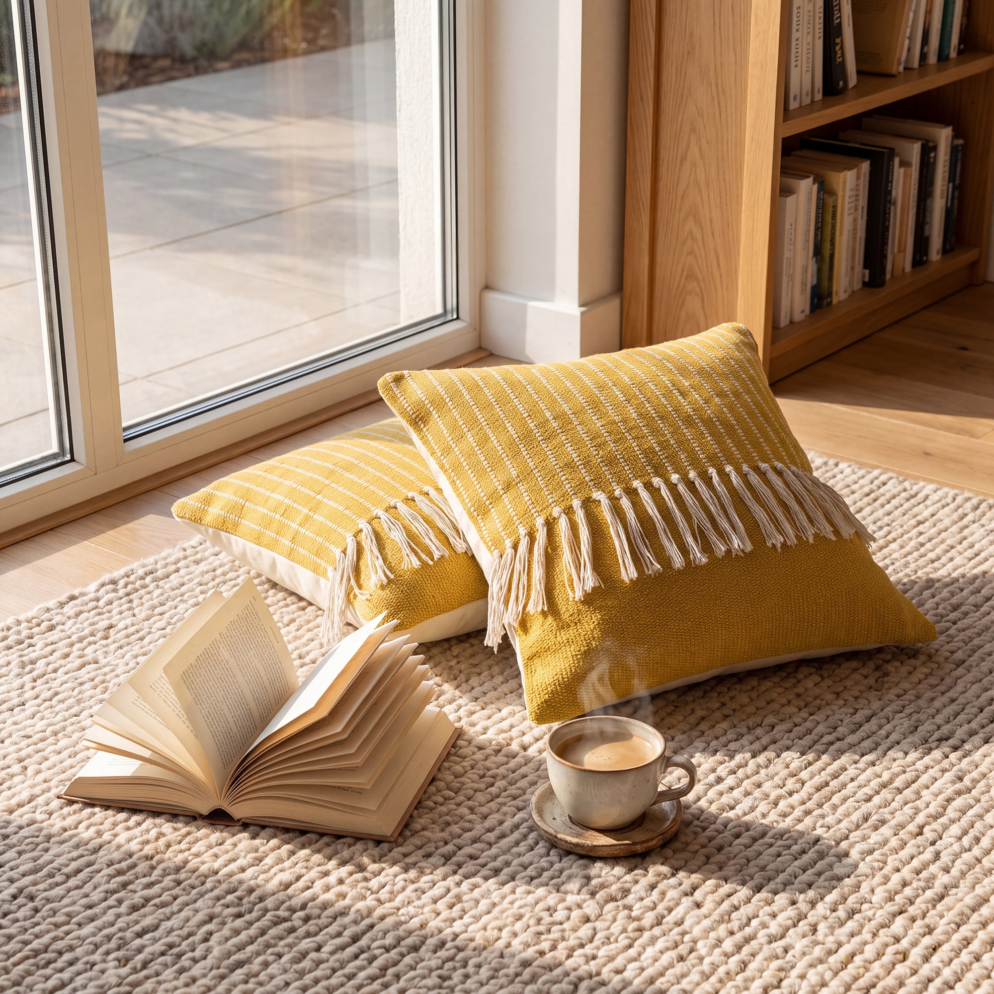 Unique Bargains Woven Striped Throw Pillow Cover Tassels Cushion Case Turmeric 18" x 18"