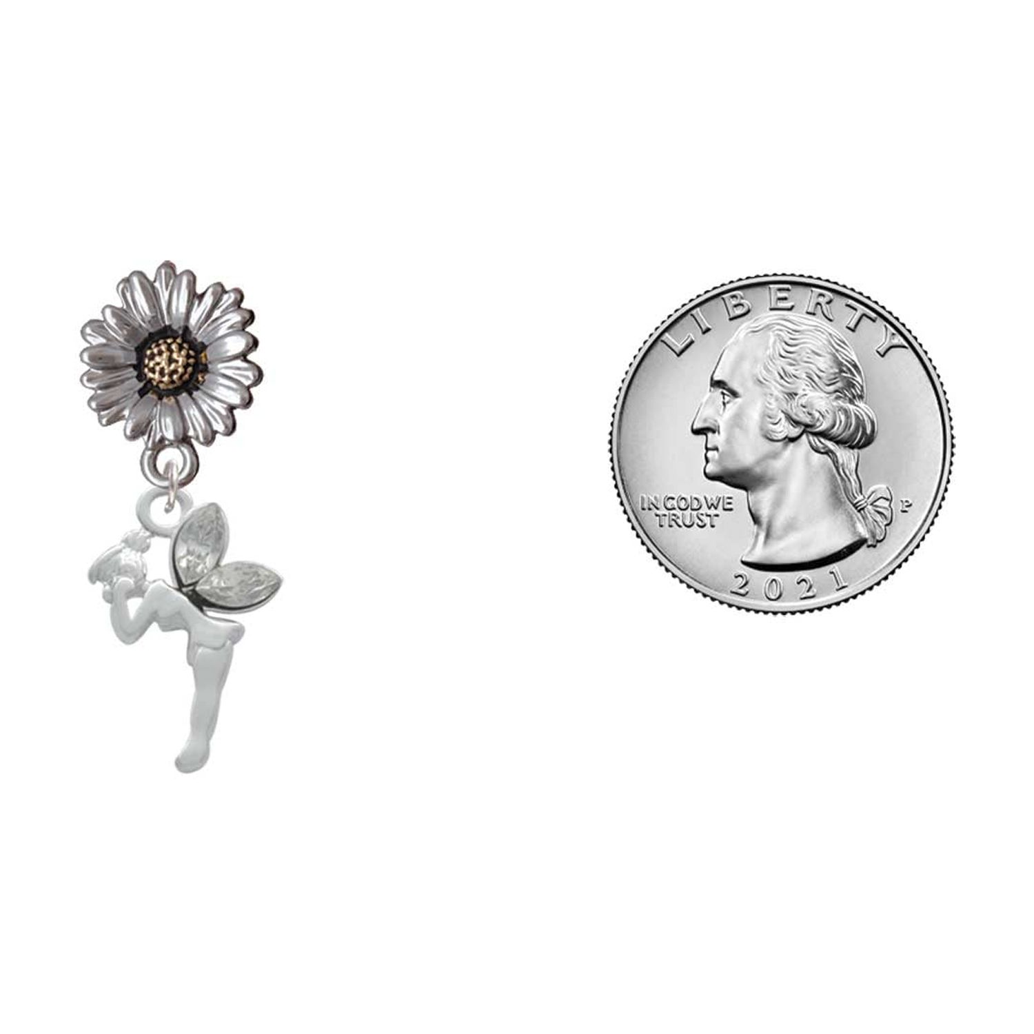 Delight Jewelry Silver-tone Small Fairy with Clear Wings - Two-tone Daisy Flower Post Earrings
