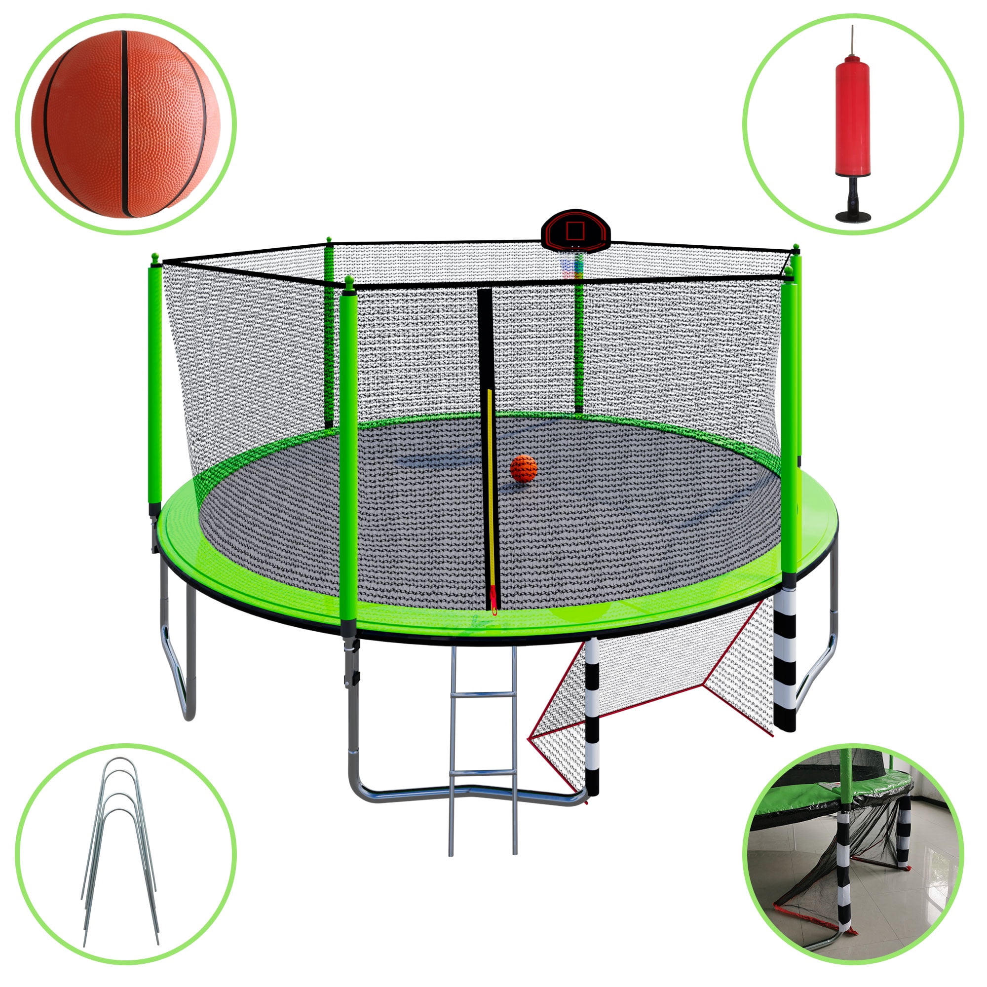 16FT Trampoline with Soccer Goal, SEGMART Recreational Trampoline with Basketball Hoop and Ladder, Heavy Duty Outdoor Backyard Trampoline with Net for Kids and Adults, Green