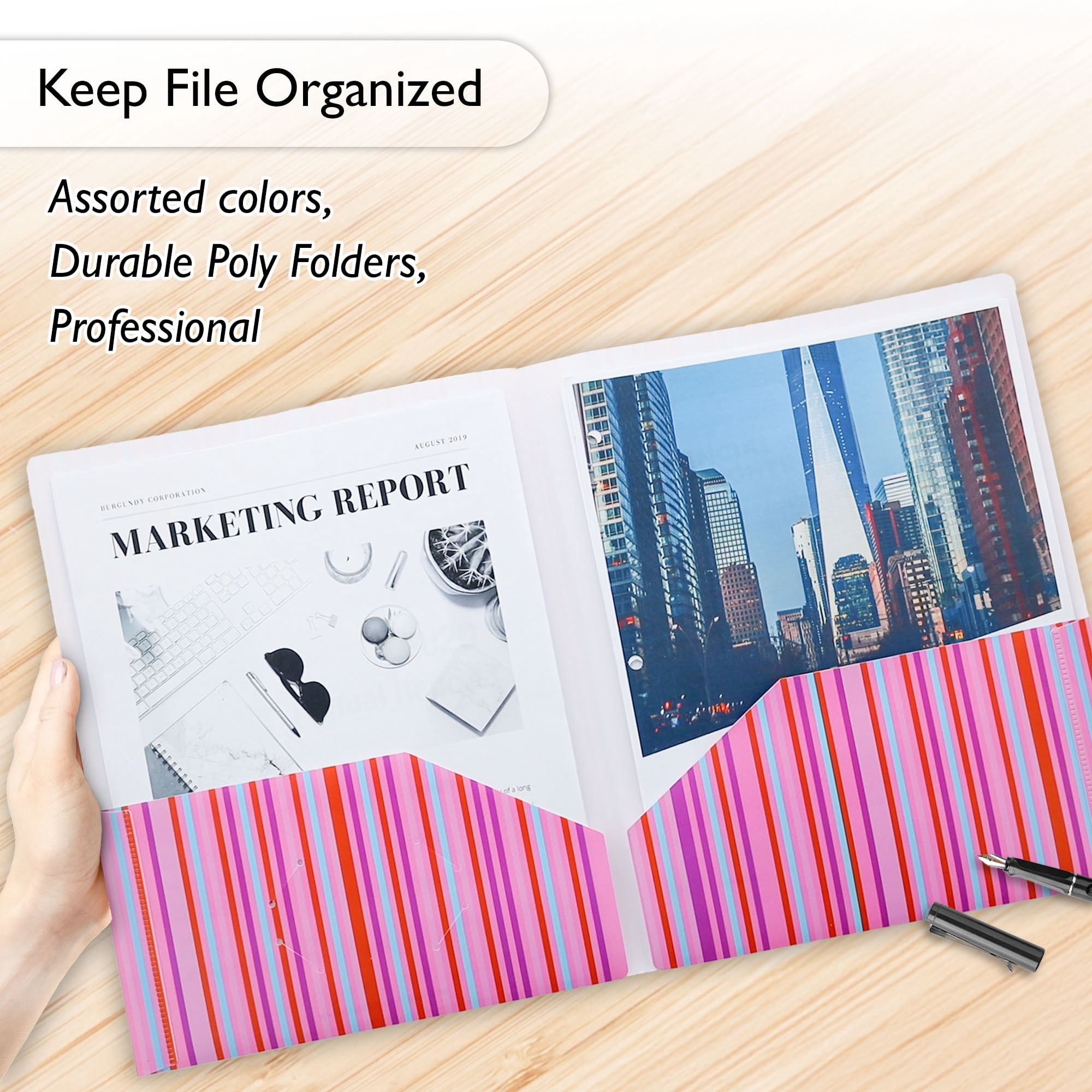BAZIC 2 Pockets Poly Folder, Stripes Portfolio, Document Folders, 48-Pack