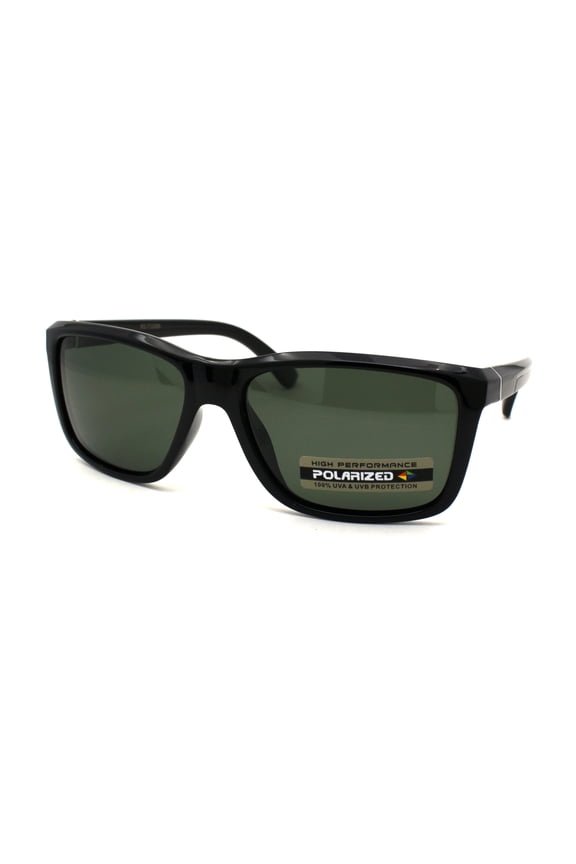 Mens Polarized Mod Minimal Rectangular Sport Plastic Sunglasses Shiny Black Green
