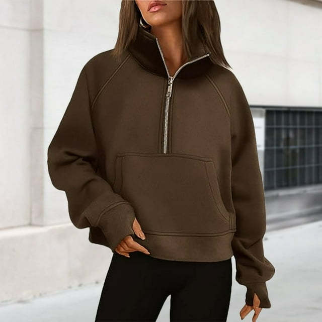 Stand Collar Fall Clothes Half Zip Women Solid Color Daily Outfit (Coffee XL)
