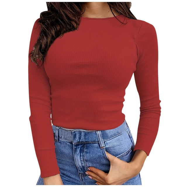 Women's Long Sleeve Ribbed T Shirt: Slim Fit, Pure Color, Stretchy Fabric, Easy Care