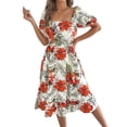 thumbnail image 4 of Women's Off Shoulder Floral Smocked Midi Flowy Long Dresses Dress for Beach Summer White S, 4 of 10
