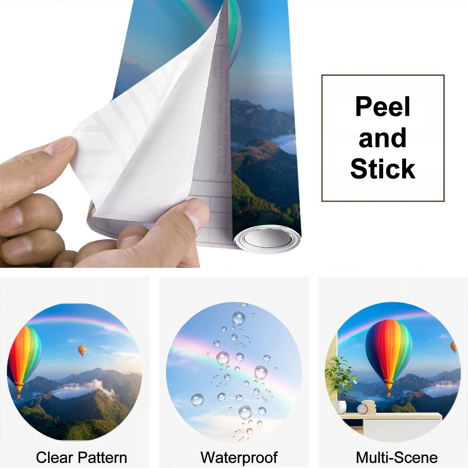 Peel and Stick Wallpaper Colorful Hot Air Balloons Mountain Landscape Rainbow Modern Art Wall Mural Decor Self Adhesive and Removable 69in x 98in