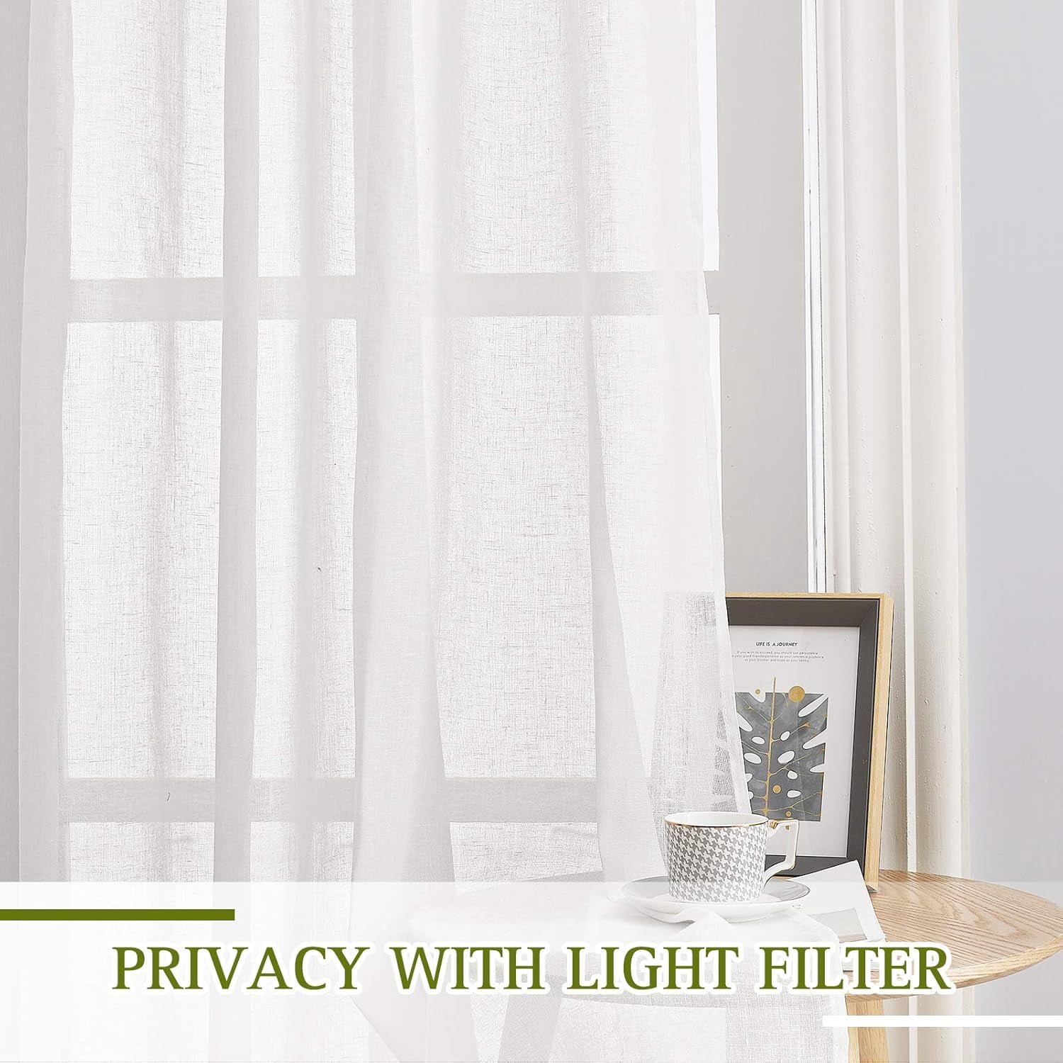 White Sheer Linen Curtains for Living Room 84 inch Length 2 Panels Set, Grommet Semi Sheer Privacy with Light Filtering Flax Window Treatments for Bedroom, W52 x L84