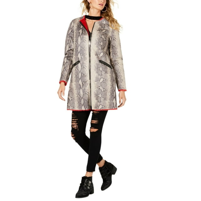 GUESS Women's Snakeskin-Embossed Faux-Leather Jacket, Stone/Red, L