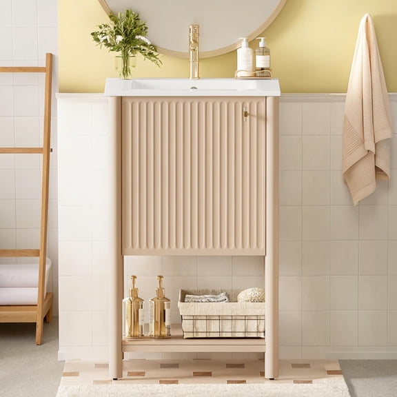 Marzzi 20" Fluted Bathroom Vanity with Sink, Freestanding Small Bathroom Vanity Storage Cabinet with Open Shelf, Solid Wood Frame, Ceramic Sink, Cream Beige Painted Finish