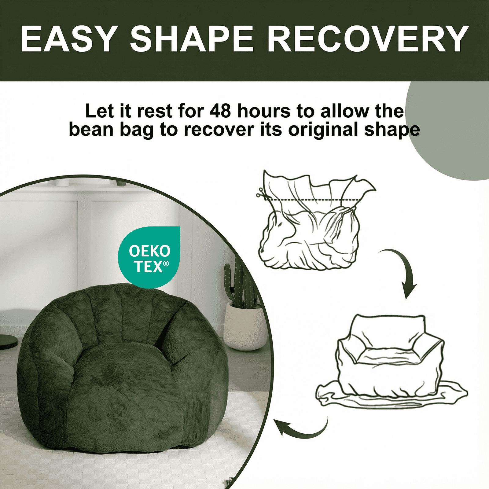 Ebenchico 3.9ft Bean Bag Chair for Adults Teens Kids, Shell Shape Faux Fur Beanbag Chairs, Memory Foam Filled Floor Chair for Reading, Gaming, Relaxing, Green
