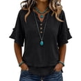 thumbnail image 2 of Womens Fringe Boho Tops Casual Cotton Linen Distressed V Neck Shirts Short Sleeve Gauze Blouses Raw Edge Hem Black S, 2 of 7