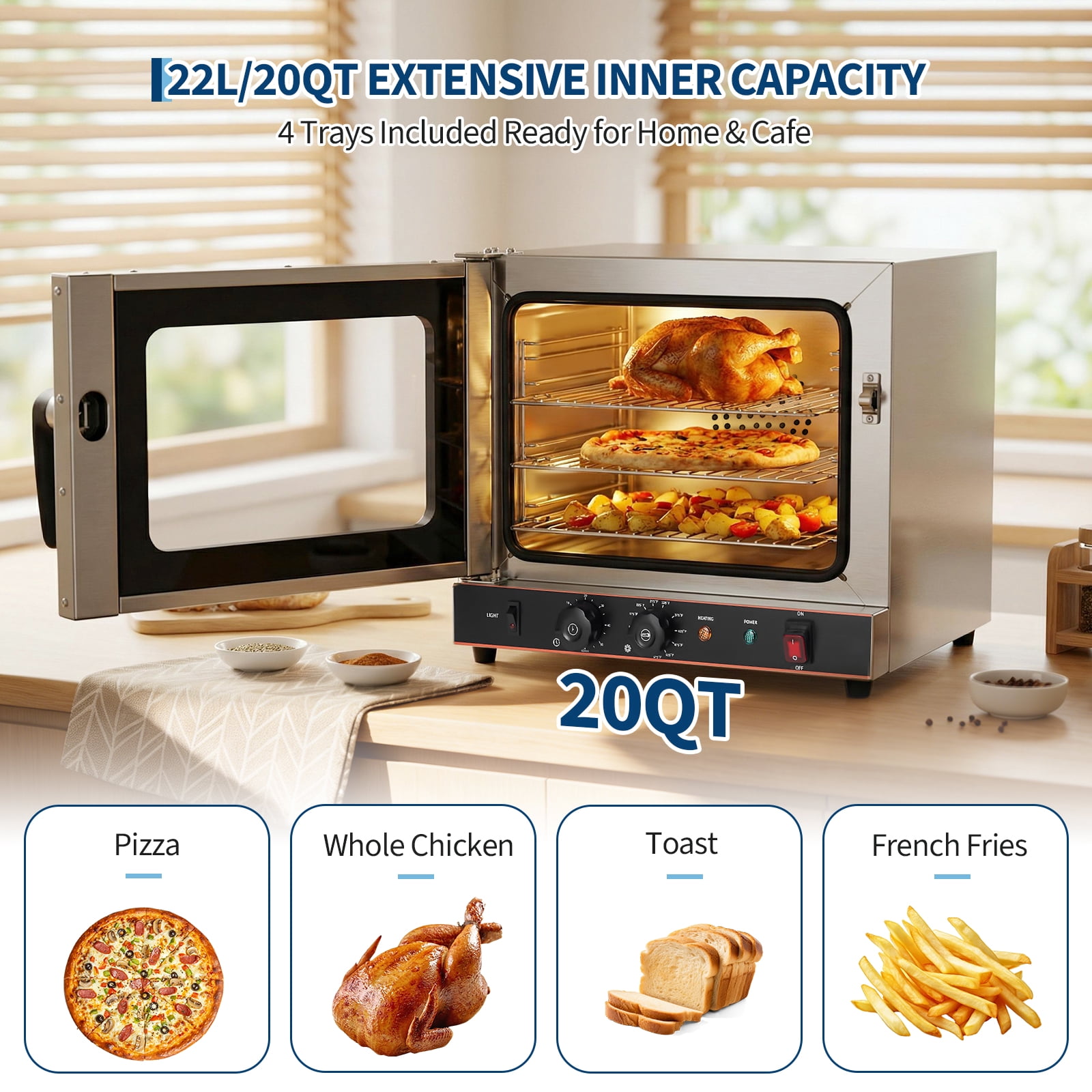 22L Commercial Countertop Convection Oven – 3-Tier Toaster, Air Fryer Combo, Front Glass Door, 2400W, 2 Trays & Wire Racks, Kitchen Appliance – 0.8 cu ft, Half-Size, US Plug 1.5m, Temp 30°C-300°C