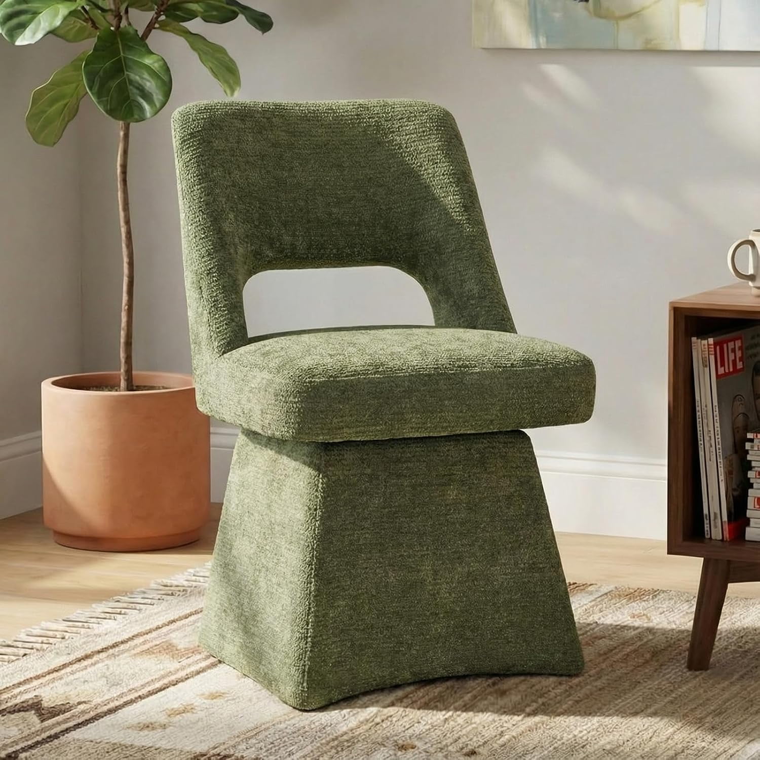 Upholstered Swivel Dining Chair with Curved Open Back | Modern Dining Room Chairs with Chenille Fabric Space-saving Easy Assembly for Dining Room Living Room Bedroom Green