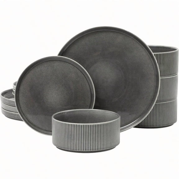 Solana Coast 12 Piece Stoneware Reactive Glaze Service for 4 Ceramic Plates and Bowls Modern Shape Emed Dinnerware Set - Black