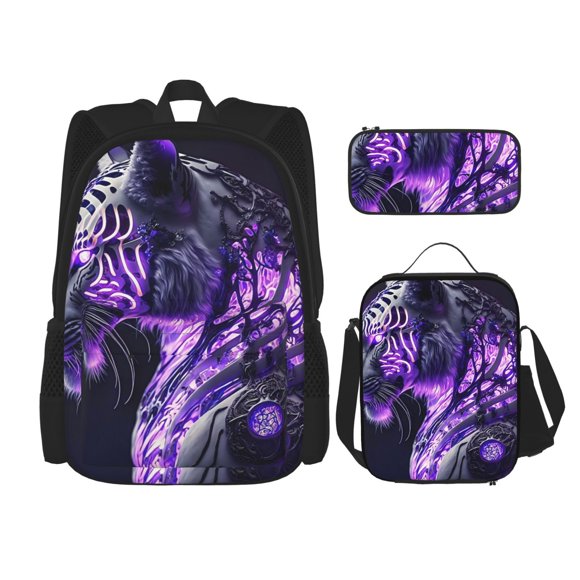 Kdxio Purple Pattern White Tiger Print School Study Combo Set Backpack with Lunch Bag Pencil Case Oxford Lightweight Durable Travel Organization Kit