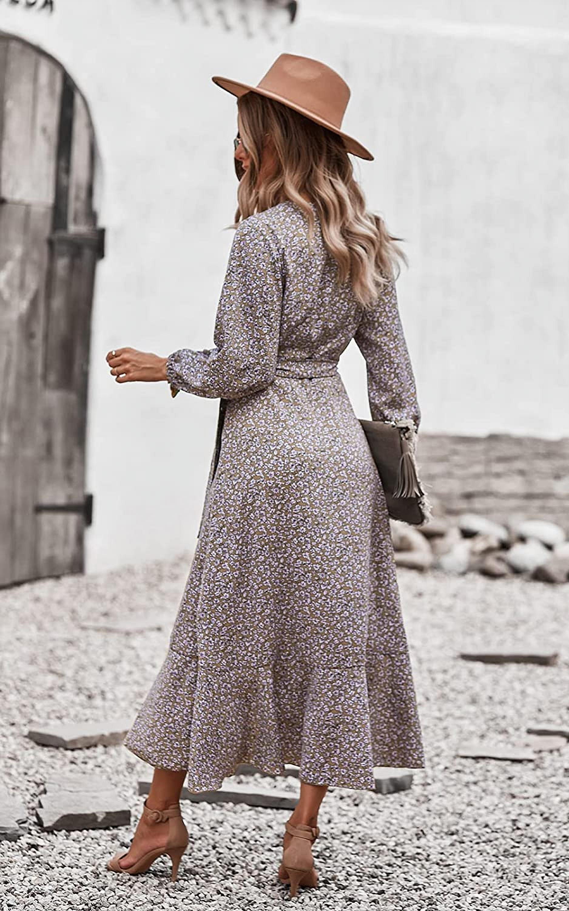 Women's Long Sleeve Vintage Wrap Dress Floral Print V-Neck Maxi