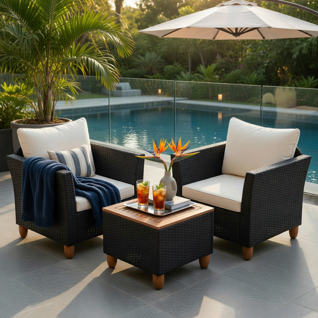 Hommoo 3-Piece Outdoor Rattan Patio Furniture Set with Acacia Wood Coffee Table, White