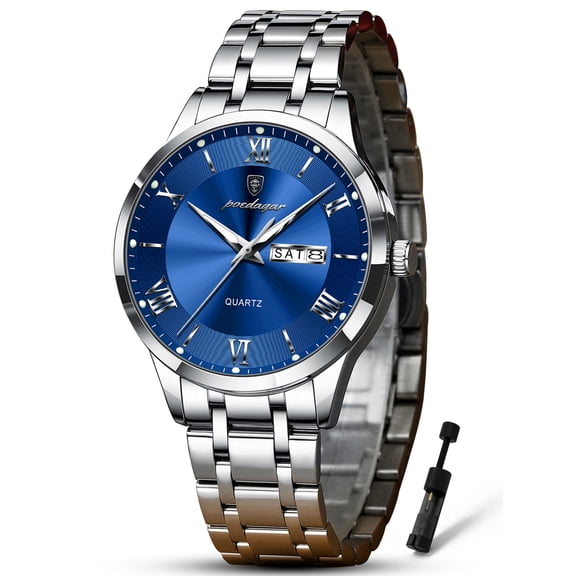 POEDAGAR Fashion Stainless Steel Men's Quartz Watches Waterproof Luminous Week Date Sports Man Wrist Watch