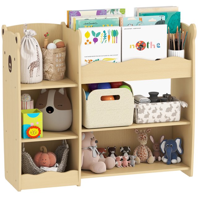 Qaba Kids Bookshelf and Toy Storage Organizer with Open Display, Natural