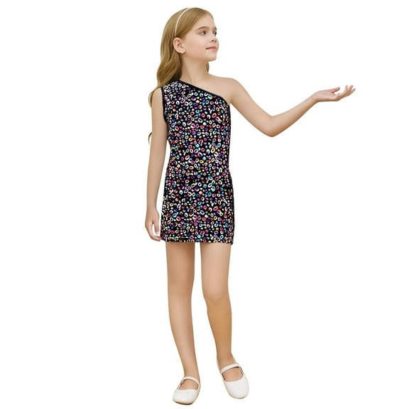 Byoo Toddler Girls Mardi Gras Dress Solid One-Shoulder Sleeveless Skinny Slim Fit Dresses Kids Party Dance Mini Dress
