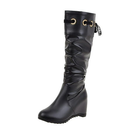 

Fesfesfes Tall Boots for Young Ladies Warm Solid Knee High Boots Round Toe Lace Bandage Booties High Heel Boots Shoes US:7.5(40)