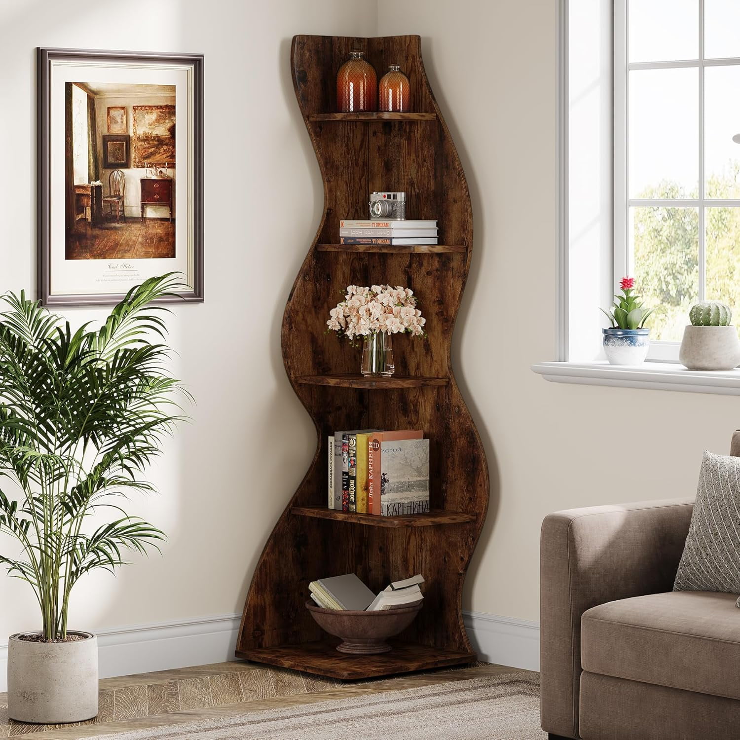 Tribesigns Wavy Corner Shelf, Modern 5-Tier Bookshelf Bookcase