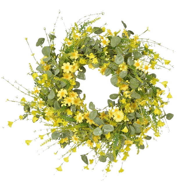 Simulación Daisy Eucalyptus Wreath, Door Spring Decorativo Hanging 23.62inch Flower Wreath para Farmhouse Wedding Decor Photo Prop Holidays Sunnimix Guirnalda de margaritas y eucaliptos
