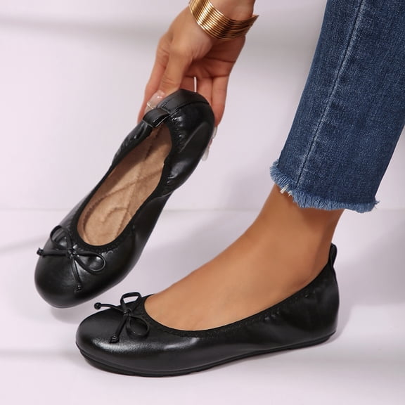 Rexoro Women Ballet Flats Elastic Round Toe Bow Foldable Dance Shoes Comfort Casual