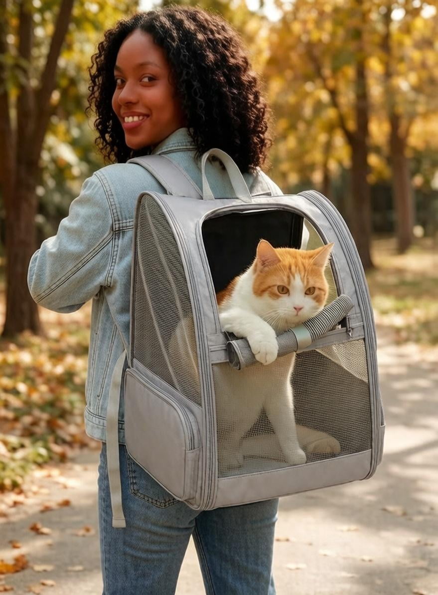 Pet Backpack Carrier for Small Dogs & Cats | Up to 15lbs Capacity | Foldable with Breathable Mesh Windows | Ideal for Travel, Hiking & Outdoor Adventures（Gray）