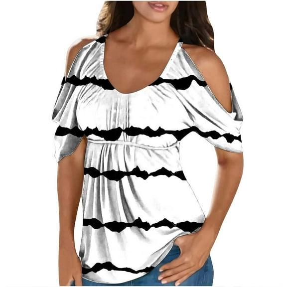 Giftesty Women's Comfortable Casual Round Neck Short Sleeve Print Strapless Top Blouse