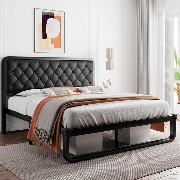 iPormis Full Size Metal Bed Frame with Black Faux Leather Upholstered Headboard, 12'' Underbed Space, Thickened Metal Steel Slat Support, Black