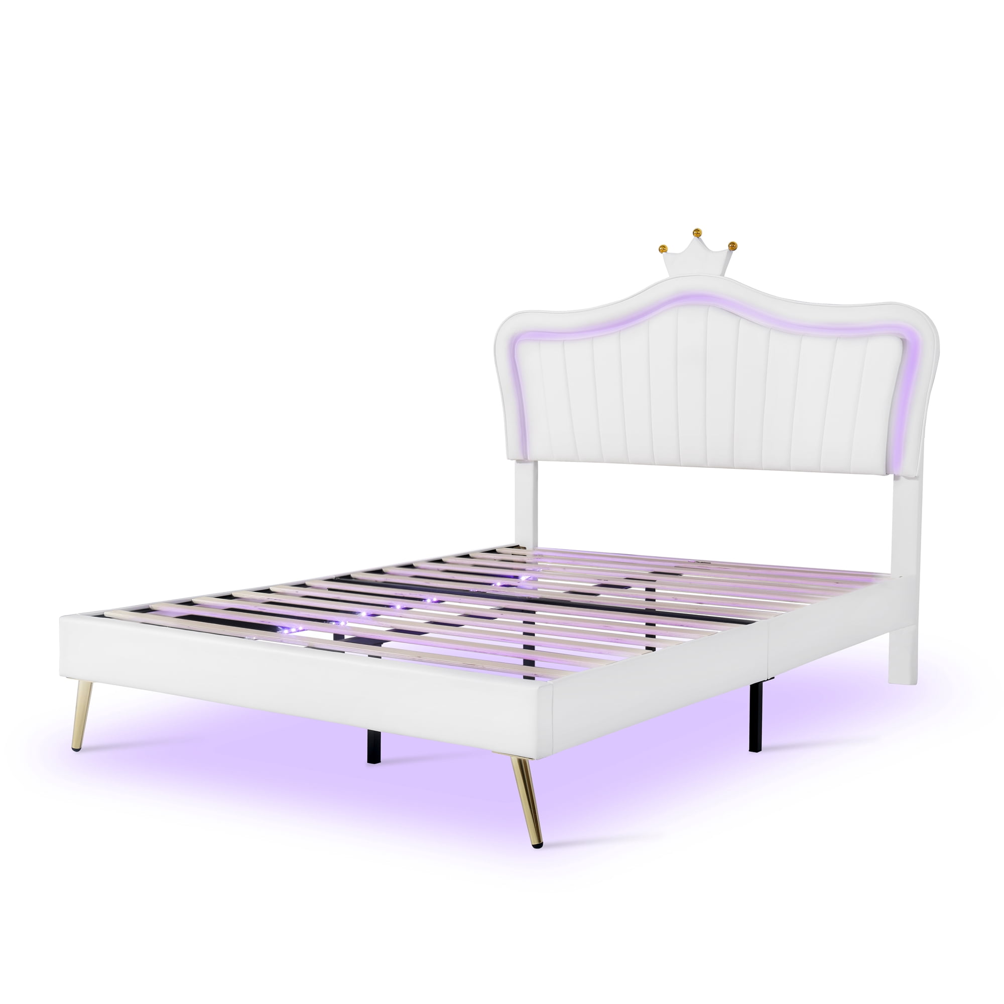 Aukfa Queen Upholstered Bed Frame with Crown Headboard and LED Lights, PU Princess Bed for Kids - White