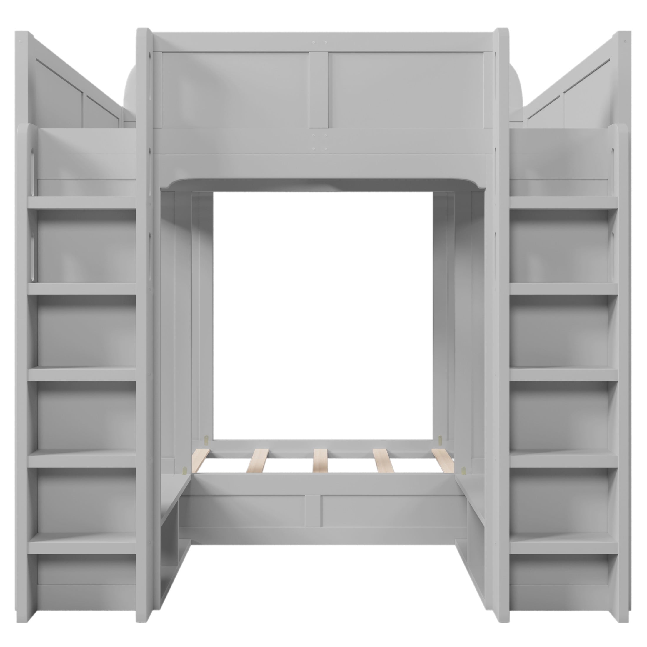 Noble House Triple Bunk Bed, Twin + Twin over Twin XL Loft Bed with Storage Shelves and Hooks, Space Saving, Gray