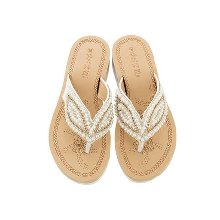

UKAP Women Platform Sandal Beach Flip-flops Ethnic Wedge Sandals Clip Toe Slide Slippers Womens Casual Shoes Slip On Rhinestone White 7