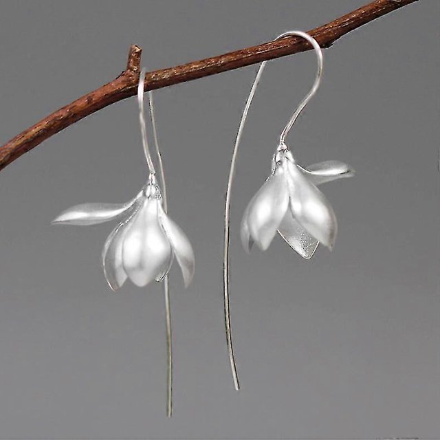 S925 Sterling Silver Earrings Elegant Magnolia Flower Drop Earrings Natural