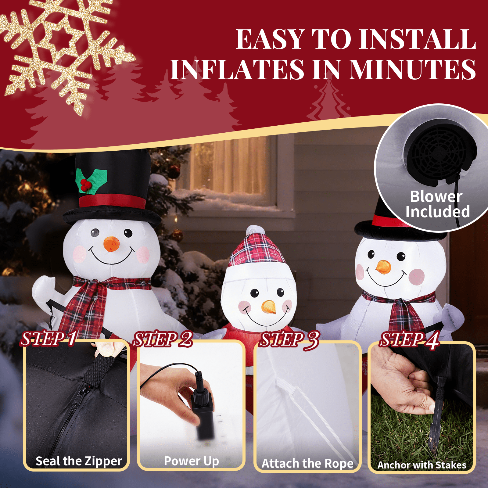 Astoutdoor Lighted Christmas Inflatable Decoration, Snowman Family with Bunting, Built-in LED Lights, 72.8 x 29.5 x 49.2 in