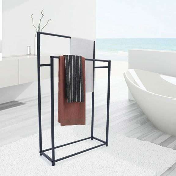 Freestanding Metal Towel Holder 2-Tier Clothes Organizer Stand Bathroom Storage Rack Black