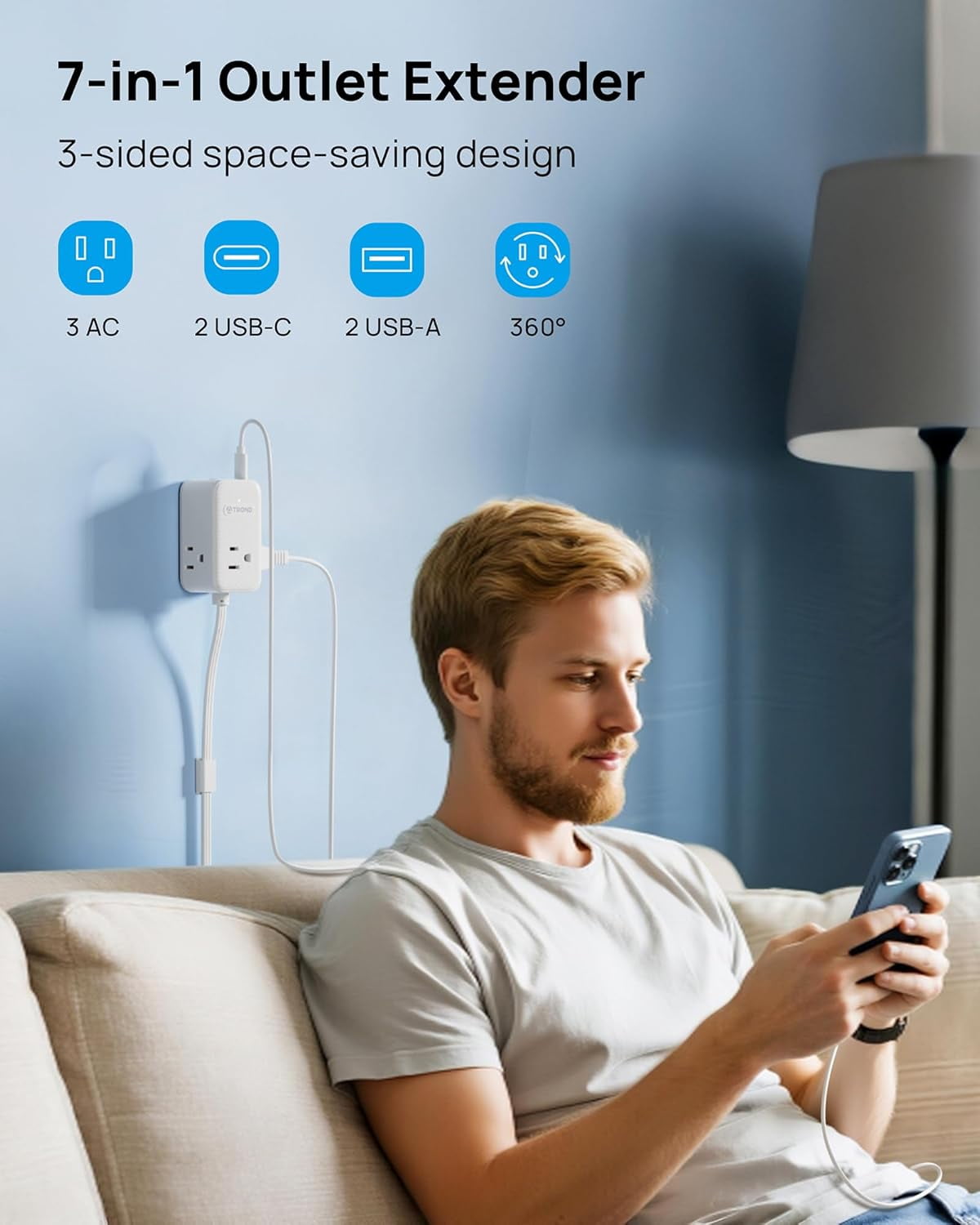 Electrical Outlet Extender 360° Rotating Plug with 20W USB C, 36in Short Extension Cord, Wall Plug Adapter with 3 AC Outlets, Access Hard-to-Reach Outlets Use Behind Couches, Desk, White