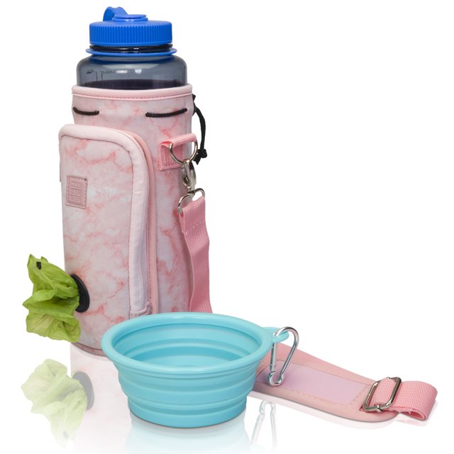 Made Easy Kit Water Bottle Carrier with Pocket for Dog Poop Waste Bags and Adjustable Padded Shoulder Strap