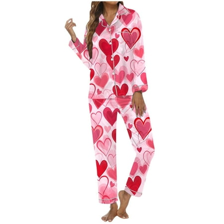 ZHOUCHANKIDS Women s Long Sleeve Pajama Set Soft Comfy Sleepwear Loungewear For Valentine s Day Cozy Home Nightwear Two Piece Outfit Pink S