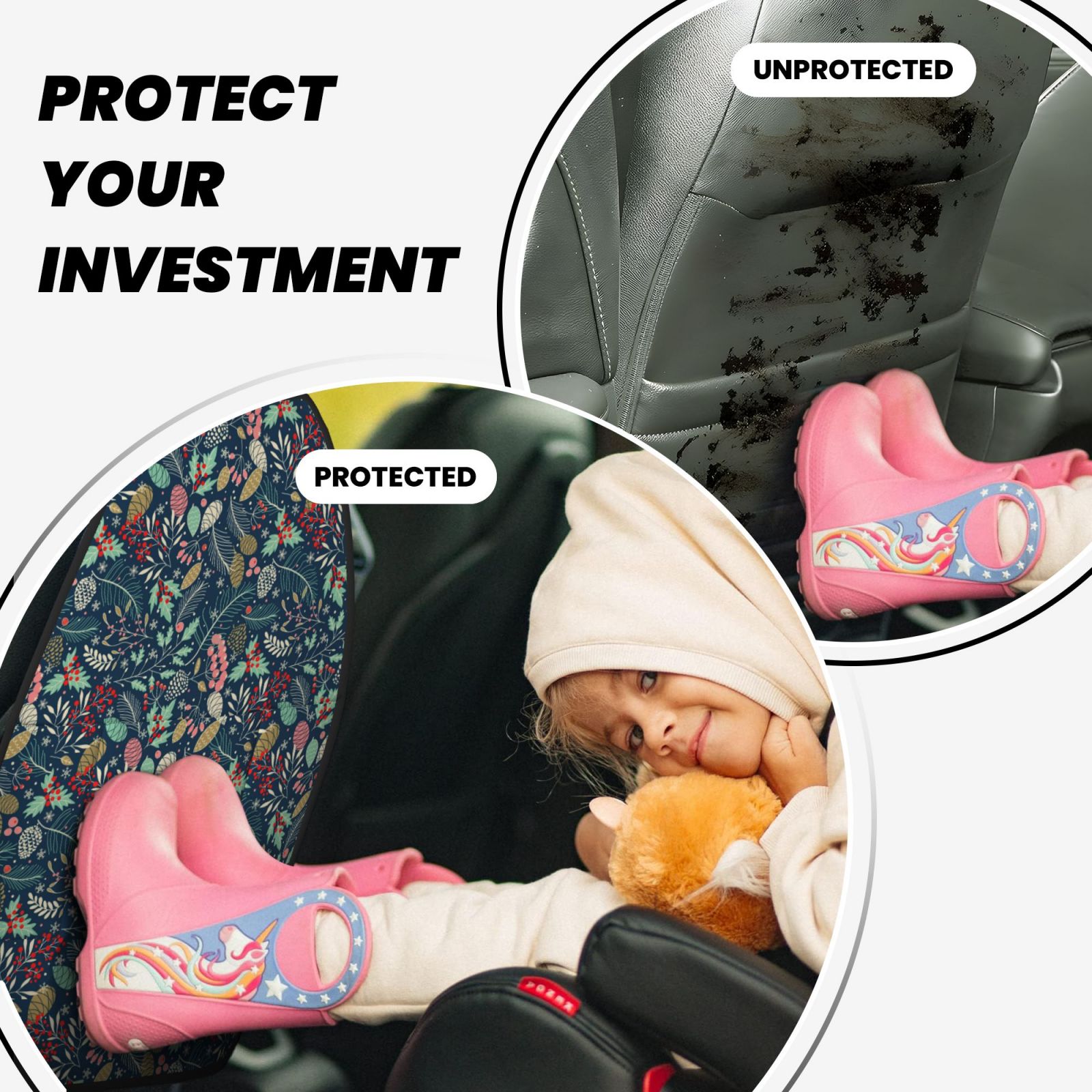 Kdxio berry Nuts Leaf Print 2 Pack Car Kick Mat Seat Cover Back Protector Mat with Pockets for Organizer Backseat Protector and Storage Anti Kick Pad for Vehicles