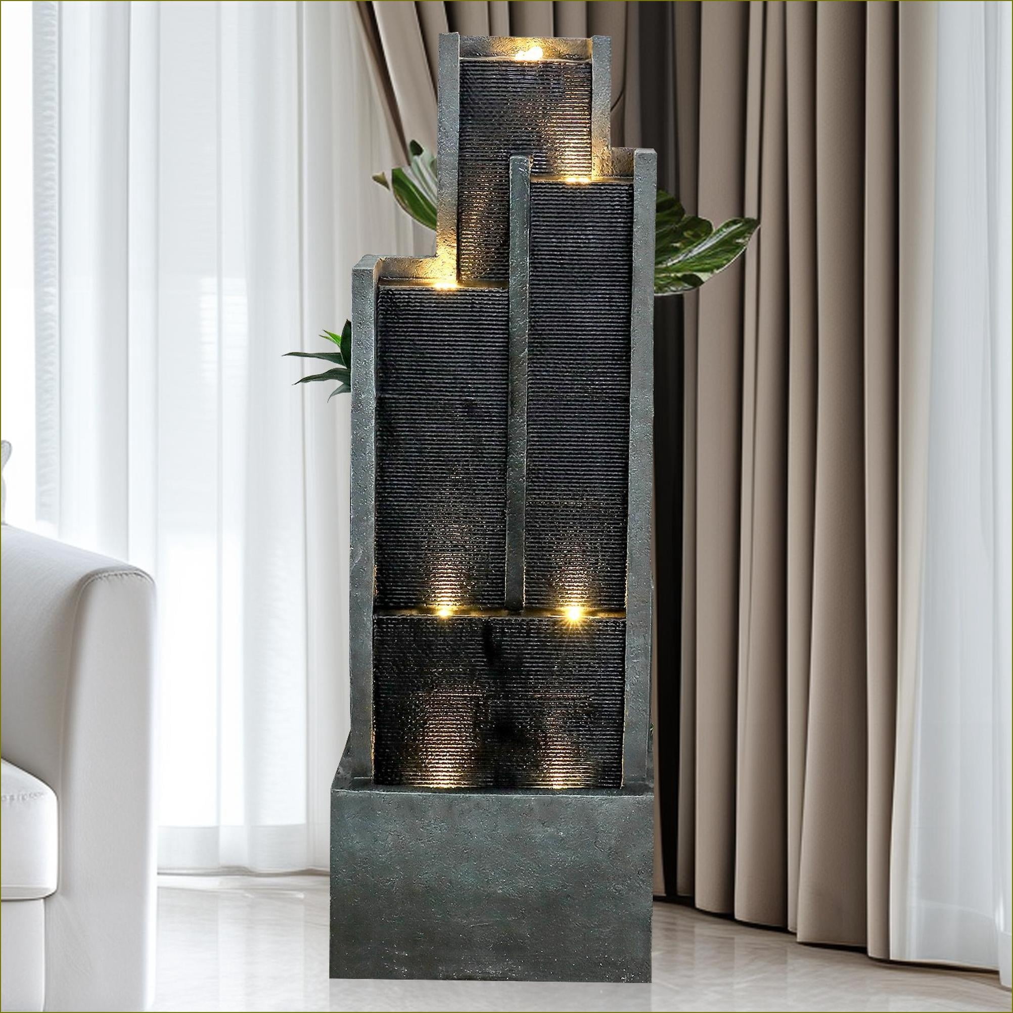 Tammesy 4-Tier 50.7" LED Waterfall Fountain Outdoor Waterfall Feature Water Fountains for Patio Art Garden Decor