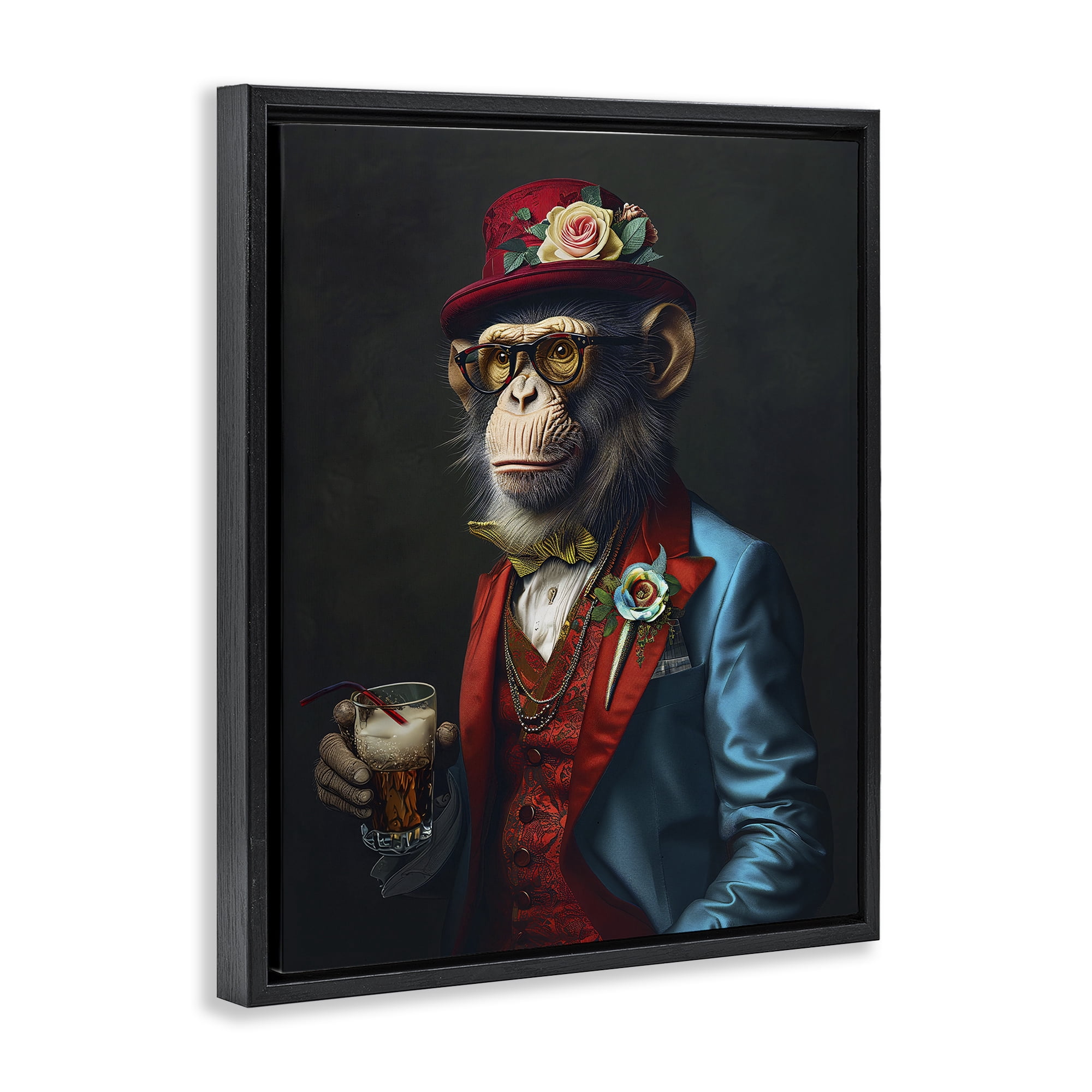 Stupell Industries Monkey with Fancy Outfit Animals & Insects Painting Black Floater Framed Canvas Art Print Wall Art, 25 x 31