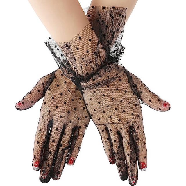 Guantes de encaje para mujer, guantes de encaje, elegantes guantes de encaje con puntos negros, guantes de protección solar para mujer, cena de boda, fiesta de los años 80