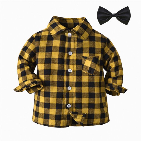 Splozh Boys Tshirt 6 12 18 24 Months 3T 4T 5T 6T Toddler Boys Long Sleeve Fall Spring Bow Tie Shirt Tops Coat Outwear Clothes Plaid, Yellow, 6-12 Months