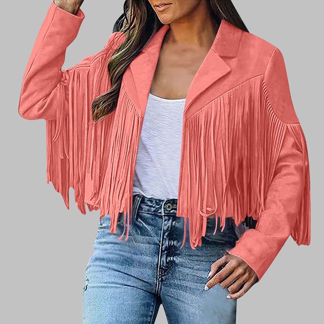 LOVZFMLL Vestes pour Femmes Manteau Style Cowboy en Similicuir Suédé à Manches Longues Cardigan à Franges