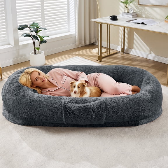 Soonbuy Human Dog Bed for Adult & Pets, Faux Fur Removable Human Dogs Bed with Portable Handle, Side Pocket, Egg Orthopedic Foam, Large Dog Beds for Bedroom Living Room Office,65  x41 x12 inch