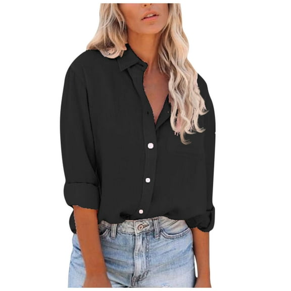 Trendy Blouses for Womens Button Down Shirts V Neck Loose Blouse Long Sleeve Tshirt Casual Work Tunic Tops with Pocket