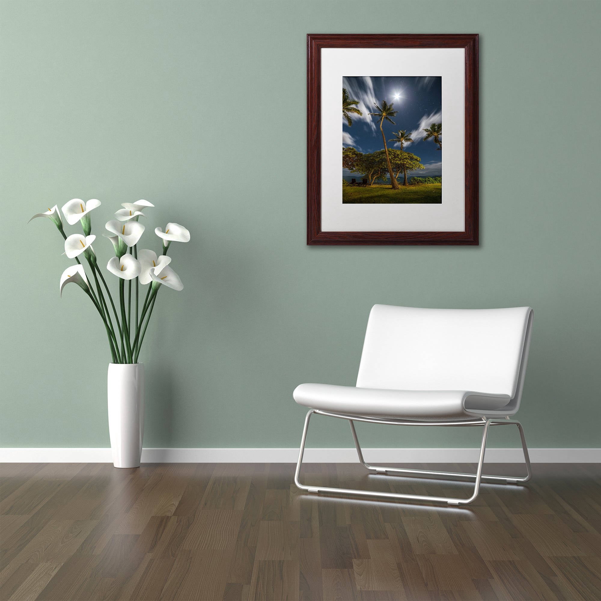 Trademark Fine Art 'Moonlit Palm Trees' Canvas Art by Pierre Leclerc, White Matte, Wood Frame