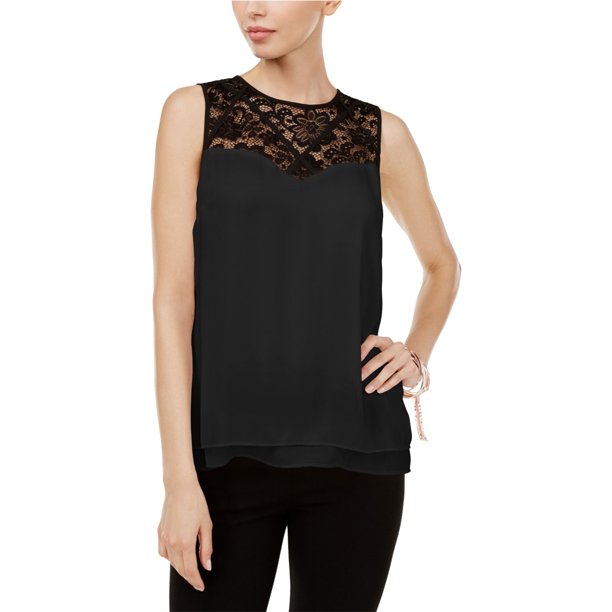 Thalia Sodi Blusa de encaje con yugo para mujer, negra, pequeña