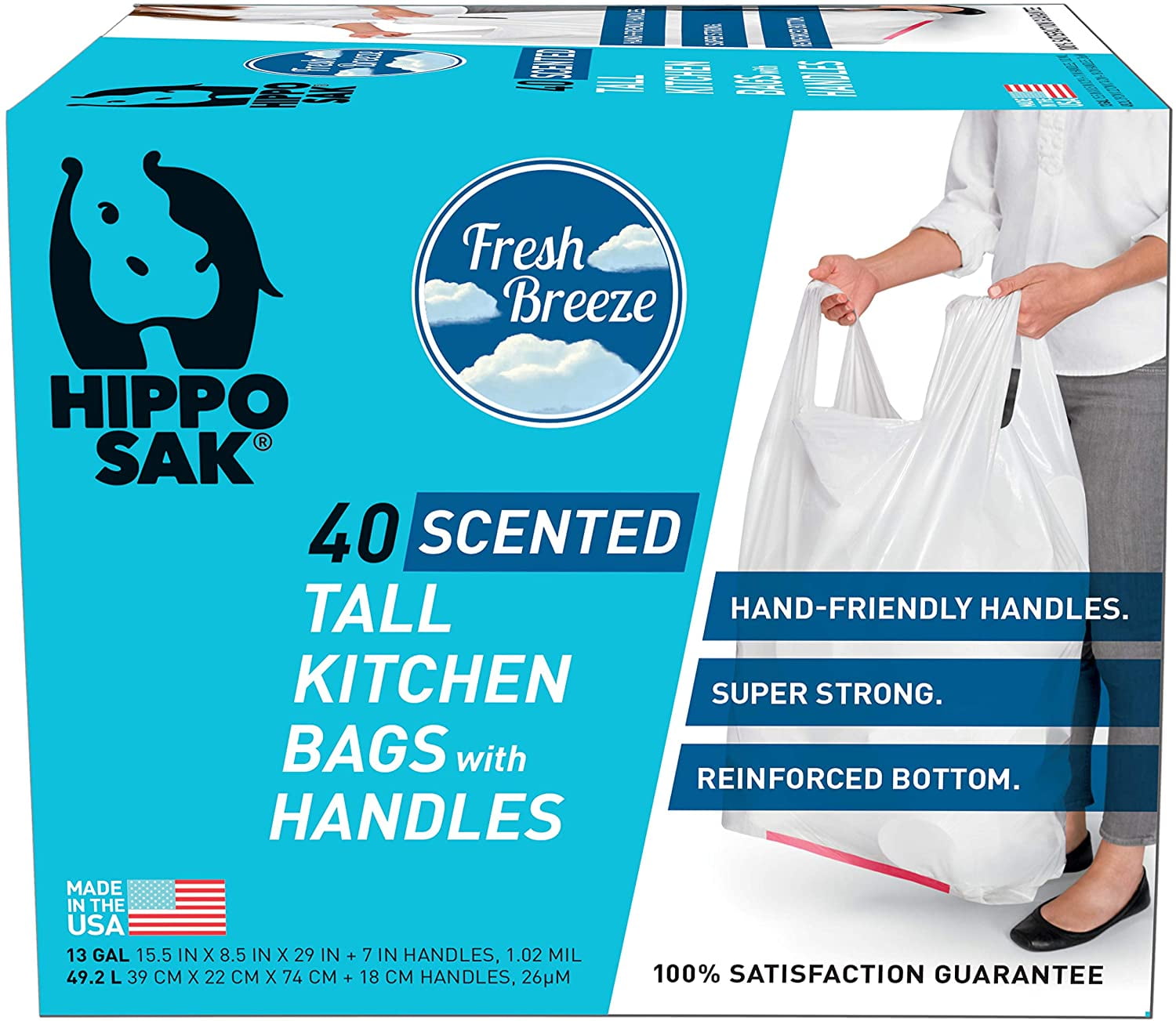 Hippo Sak Scented Handle Trash Bag, 13 gallon Tall Kitchen, Fresh
